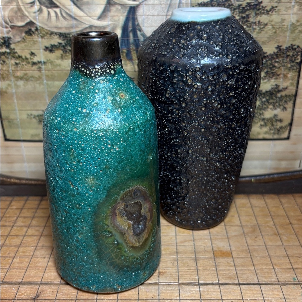 Set of 2 Rustic Artisan CB2 Vases Ceramic Charcoal Grey, Turquoise Green Blue